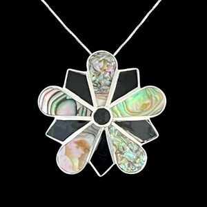 Vintage Taxco Mexico sterling silver abalone and black onyx flower pendant